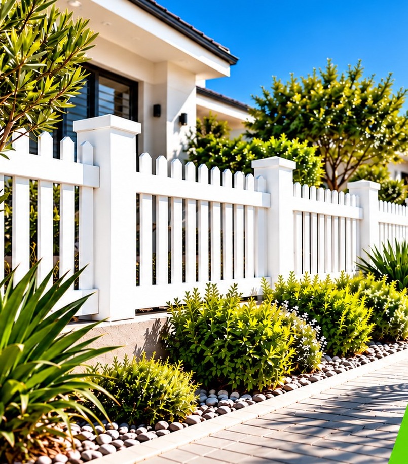 PVC picket fence with lush plants alongside a home