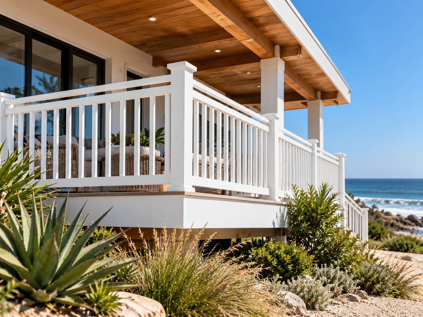 White PVC railing on a coastal deck