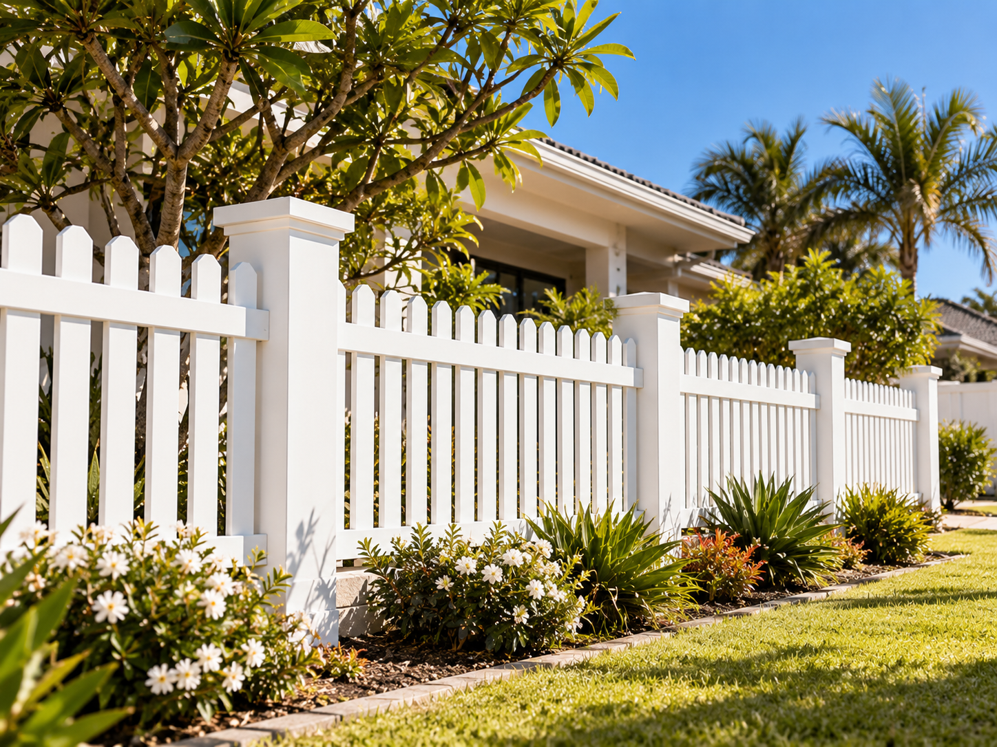 White PVC picket fence by a home