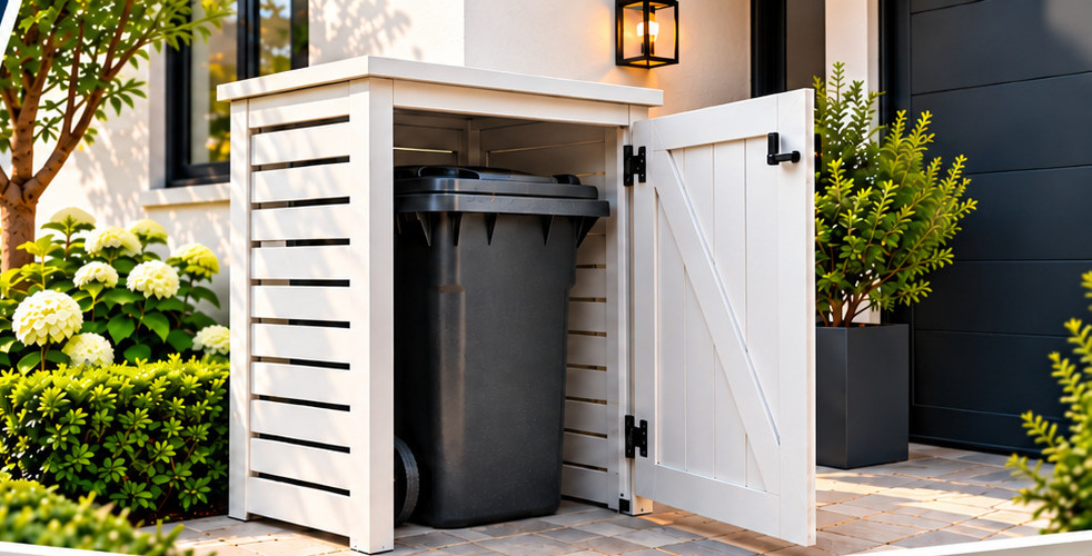 Outdoor PVC bin enclosure with open door