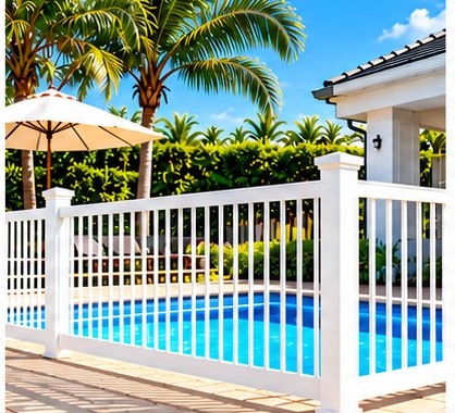 White PVC pool barrier and railing alongside a swimming pool