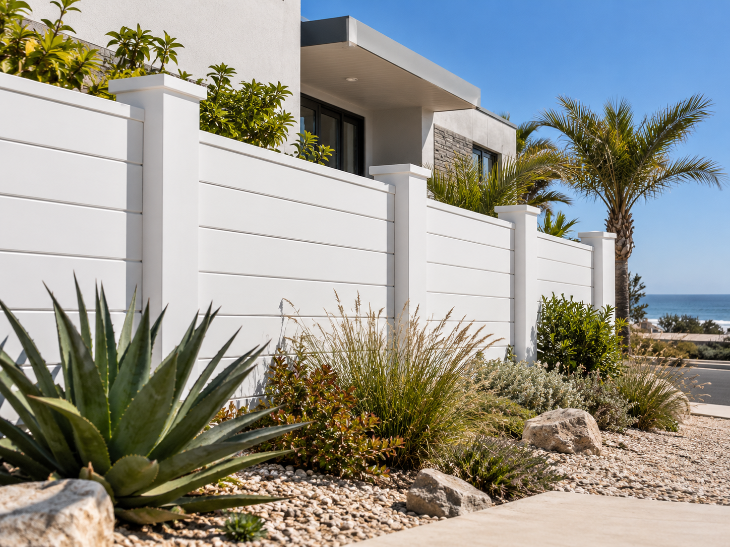 Full-length white PVC privacy fencing installed around a modern property