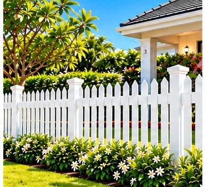 White picket PVC fencing in a garden