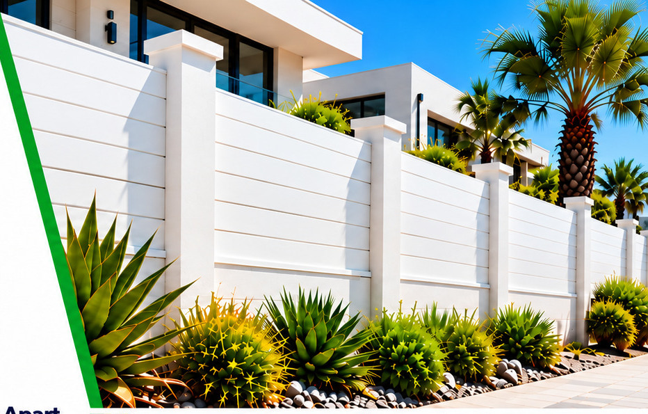 Modern white PVC wall extension on a landscaped property